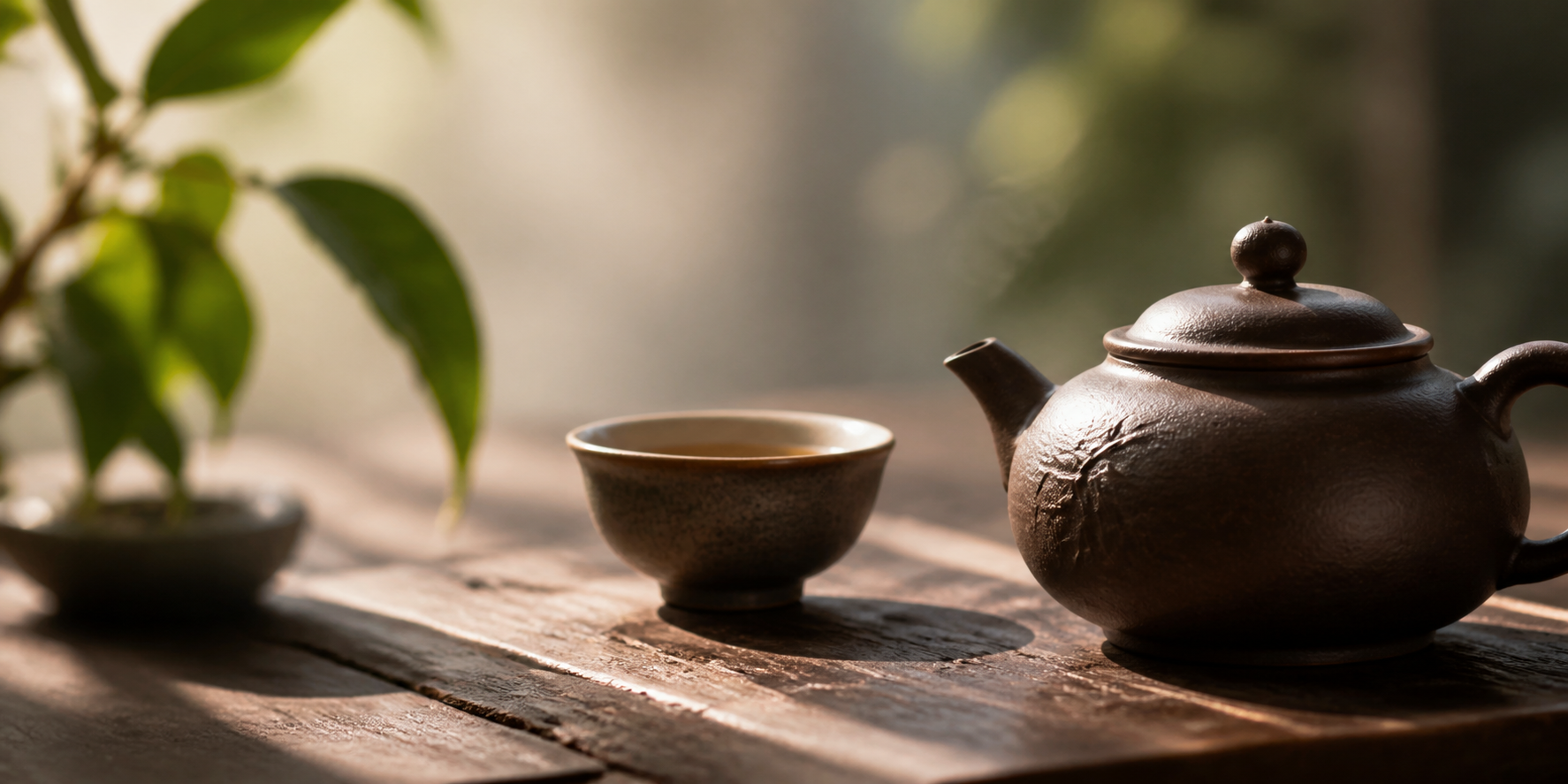 木质茶席上的紫砂壶与茶杯