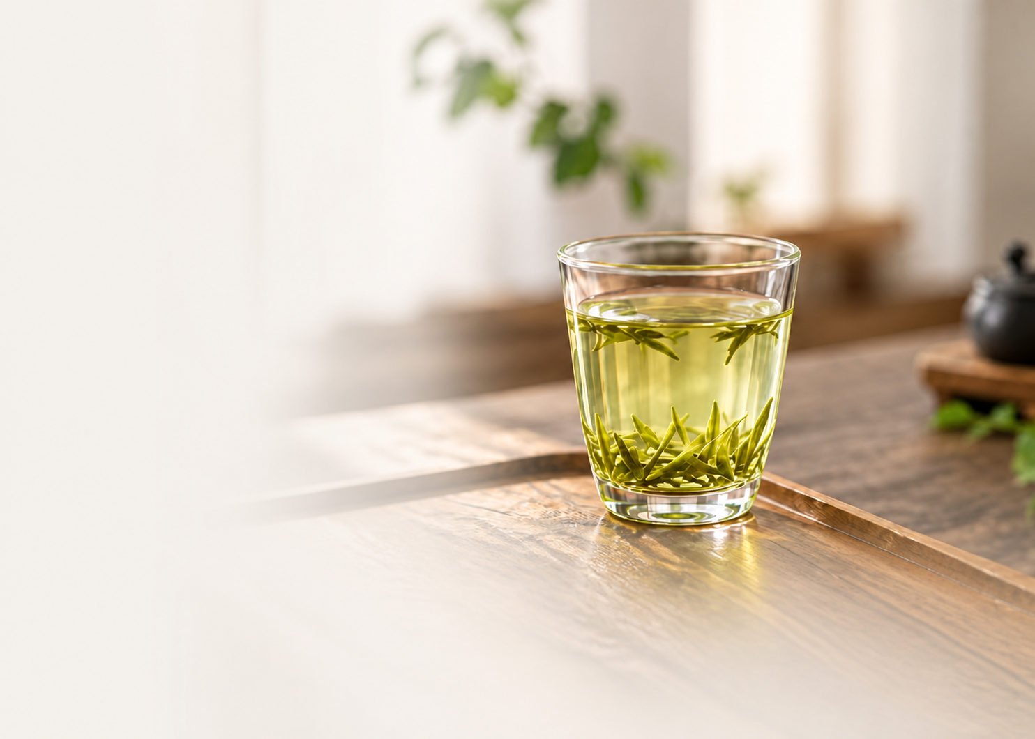 窗边木桌上的一杯清茶